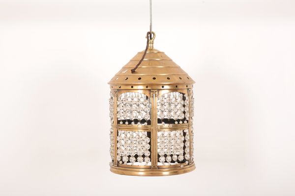 A BRASS AND FACETED GLASS BEAD HALL LANTERN