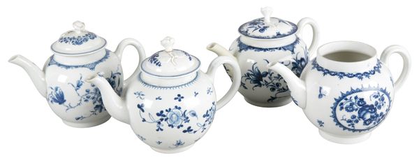 TWO FIRST PERIOD WORCESTER BLUE AND WHITE PORCELAIN SPHERICAL TEAPOTS