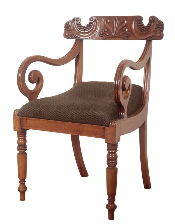 A GEORGE IV MAHOGANY OPEN ARMCHAIR