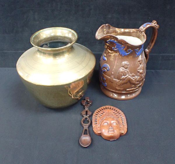 AN EASTERN BRASS POT, A LARGE COPPER LUSTRE JUG