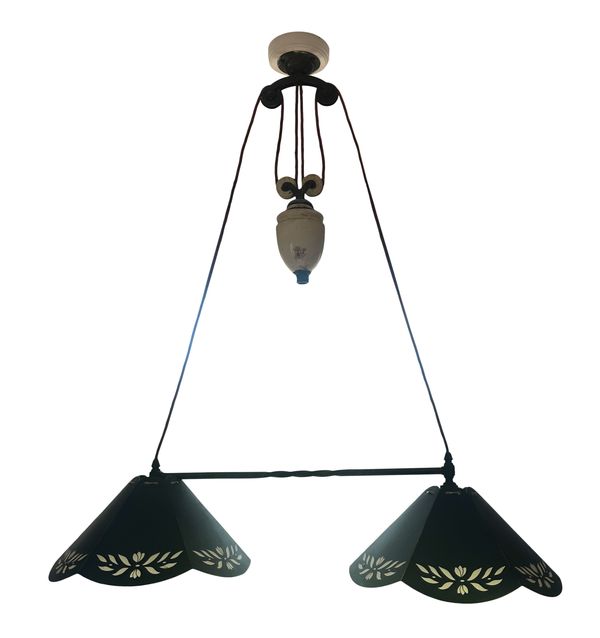 A BRASS AND WHITE ENAMEL 'RISE AND FALL' CEILING LIGHT