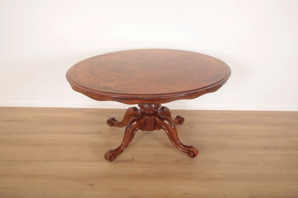 A VICTORIAN BURR WALNUT OVAL OCCASIONAL TABLE