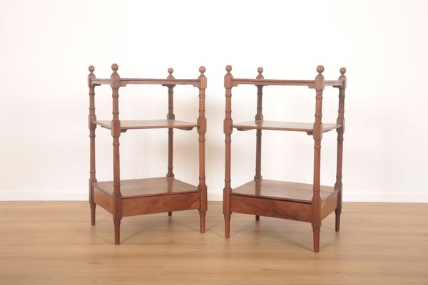 A PAIR OF YEW WOOD THREE TIER WHATNOTS