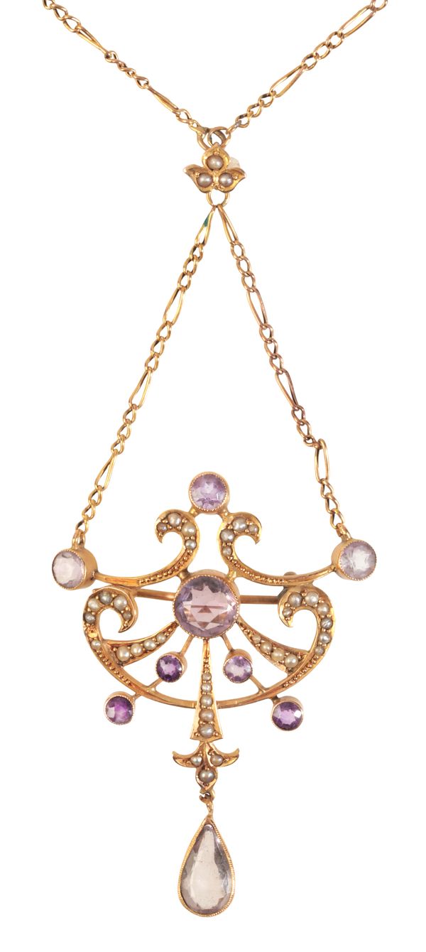 AN ANTIQUE AMETHYST AND SEED PEARL LAVALIER PENDANT NECKLACE