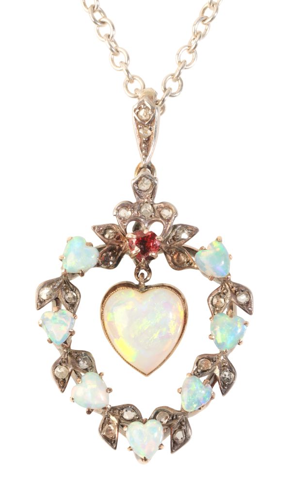 AN ANTIQUE OPAL AND DIAMOND PENDANT