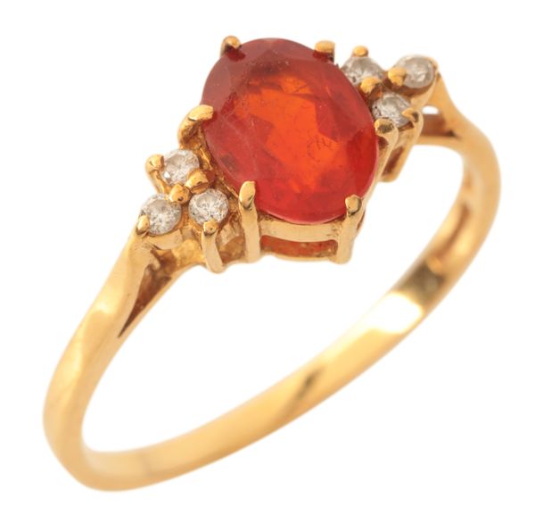 A FIRE OPAL AND DIAMOND RING