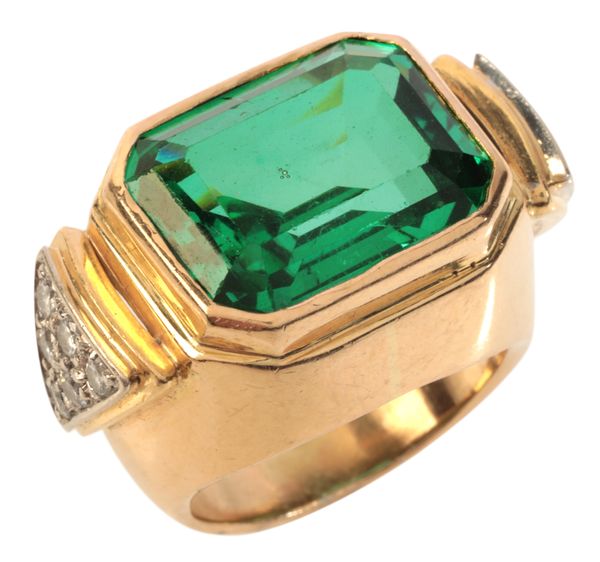 A GREEN PASTE AND DIAMOND RING