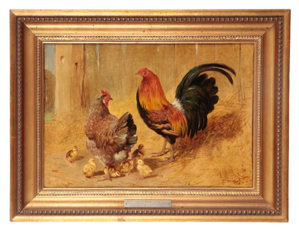 JOHN FREDERICK HERRING SENIOR (1795-1865) A cockerel with hen and chicks