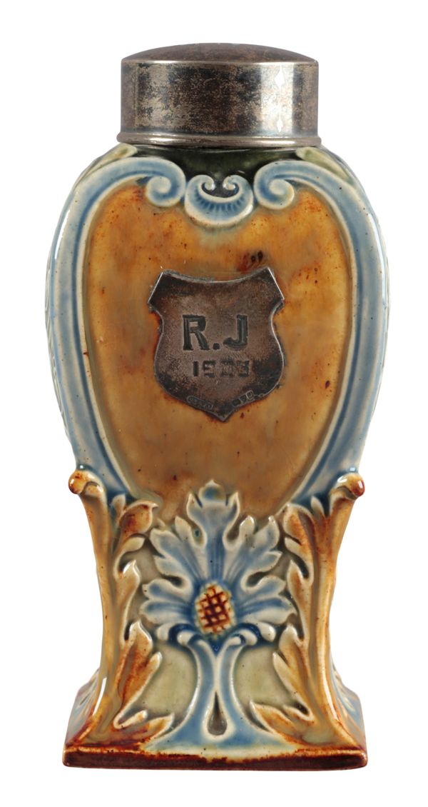 A DOULTON LAMBETH STONEWARE TEA CADDY OF ARTS & CRAFTS DESIGN
