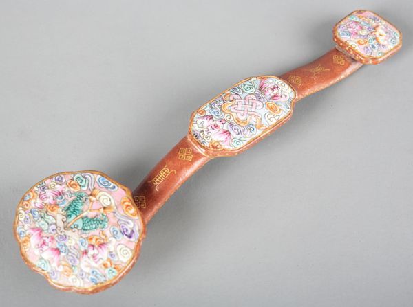 A CHINESE PORCELAIN BROWN GLAZED AND PINK ENAMEL RUYI SCEPTRE