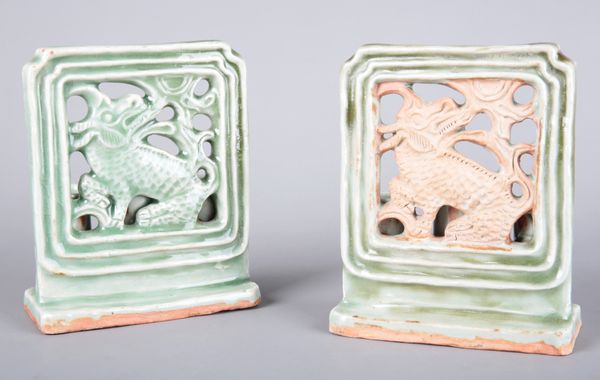 TWO SIMILAR CHINESE 'LONGQUAN' CELADON GLAZED TABLE SCREENS