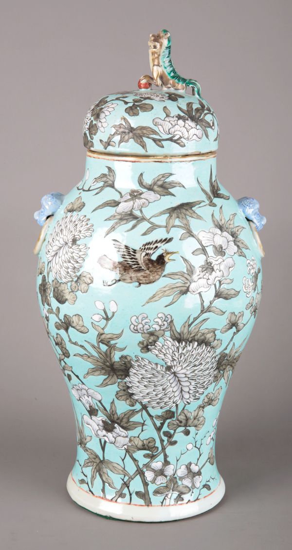 A CHINESE PORCELAIN TURQUOISE GROUND BALUSTER VASE AND COVER
