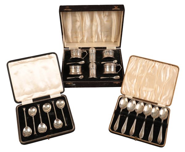 A GEORGE VI SILVER CASED CONDIMENT SET