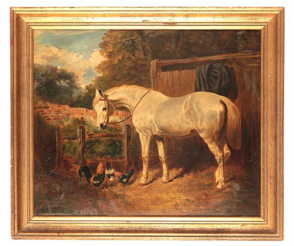 ATTRIBUTED TO JOHN FREDERICK HERRING II (1815-1907) A grey horse and three chickens in a farmyard