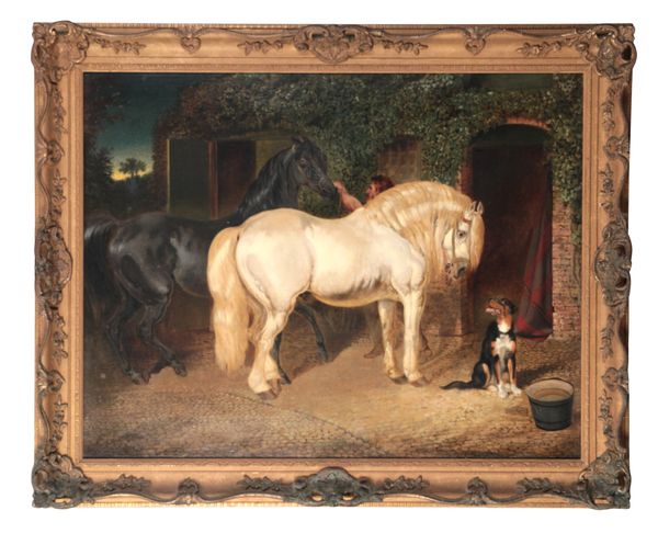 ANSON A. MARTIN (c.1830-c.1870) Grey and black horses in a stable yard with a dog and groom