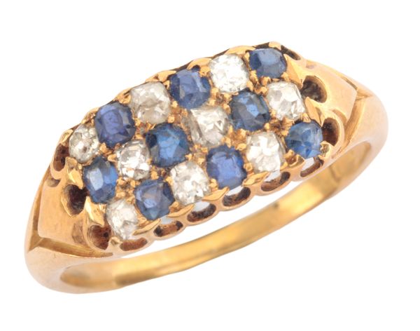 A SAPPHIRE AND DIAMOND CHEQUER BOARD RING