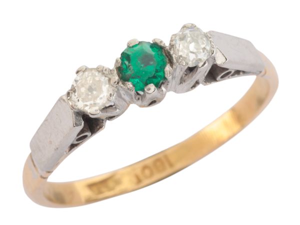 A GREEN PASTE AND DIAMOND THREE STONE RING