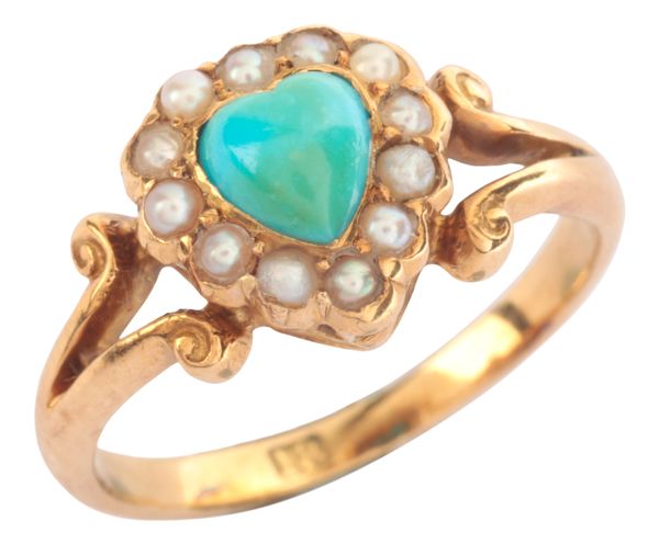 AN ANTIQUE TURQUOISE AND PEARL HEART RING