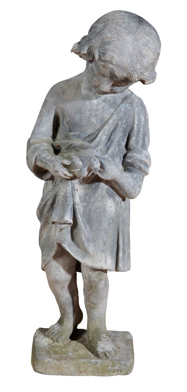 A LEAD GARDEN FIGURE MODELLED AS A CHILD HOLDING A DOVE