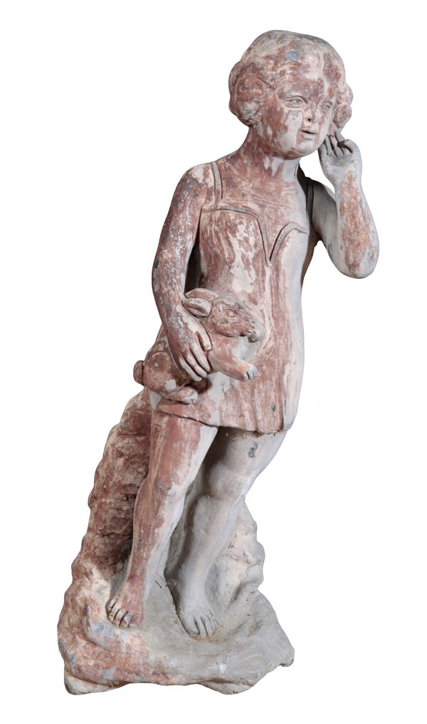 A LEAD PATINATED GARDEN FIGURE OF A GIRL HOLDING A RABBIT