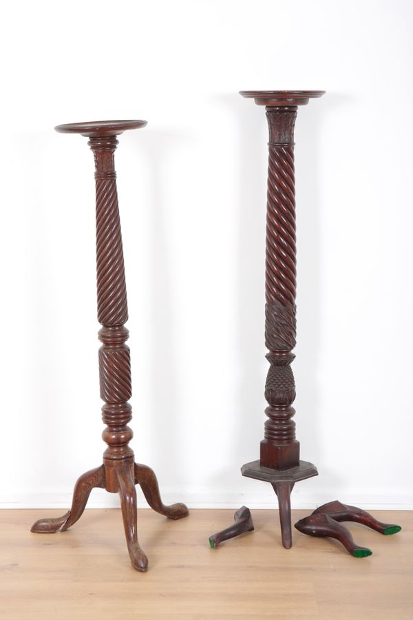 TWO MAHOGANY TORCHERES