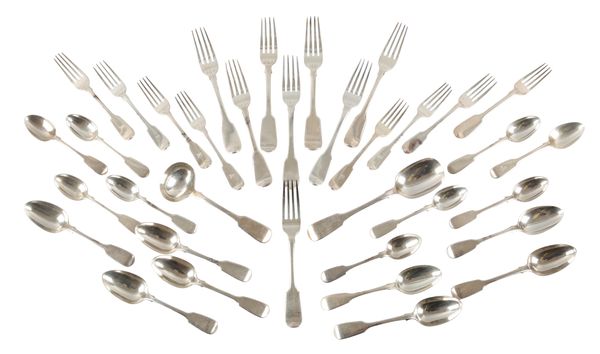 A GEORGE III AND LATER SILVER FIDDLE PATTERN HARLEQUIN PART CUTLERY SERVICE