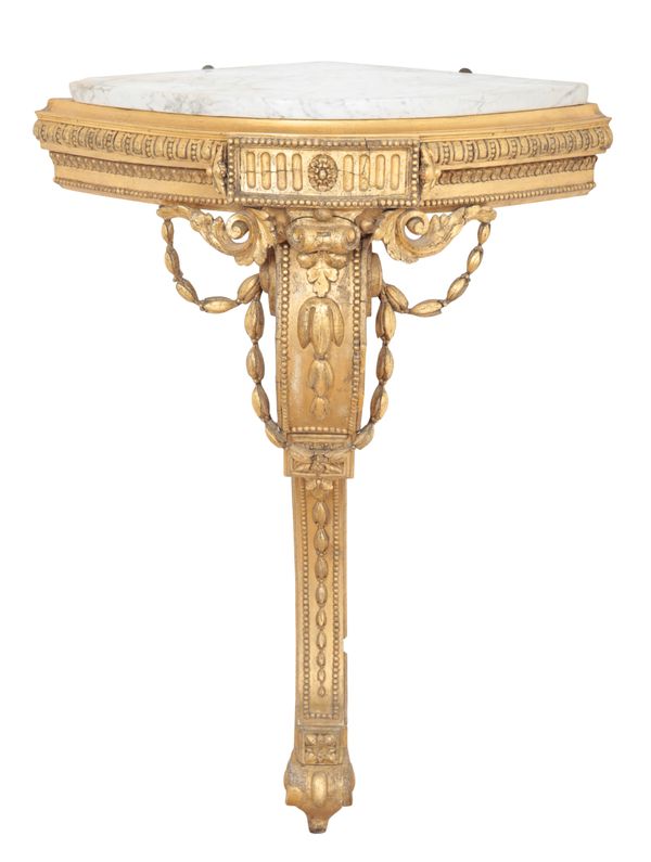 A GILTWOOD AND MARBLE-TOPPED CORNER CONSOLE TABLE