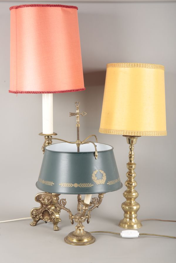 THREE BRASS OR GILT METAL TABLE LAMPS