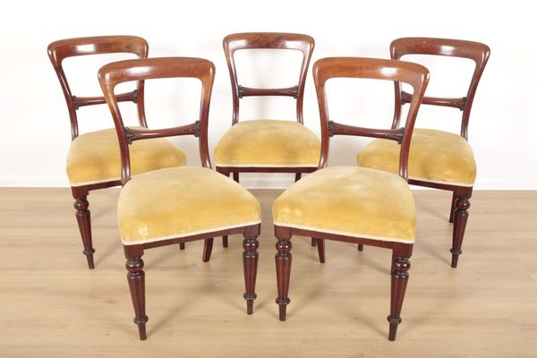 FIVE VICTORIAN MAHOGANY BALLOON BACK DINING CHAIRS