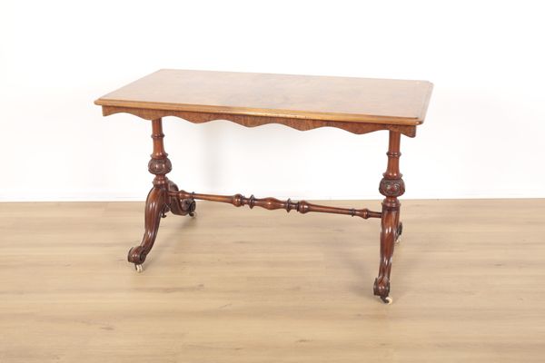 A VICTORIAN BURR WOOD AND MAHOGANY OCCASIONAL OR SOFA TABLE