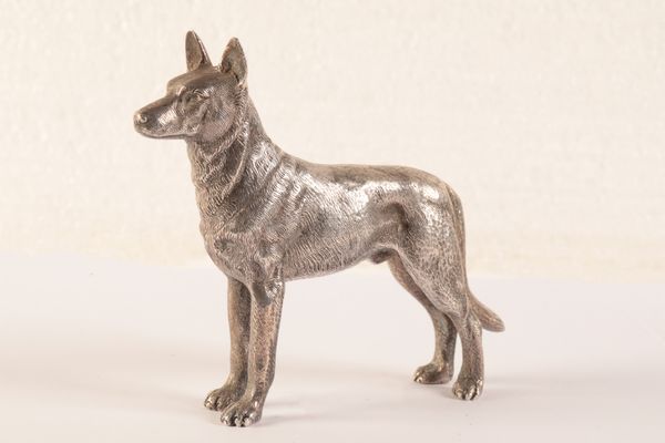 AN ELIZABETH II SILVER FIGURE OF A STANDING ALSATIAN DOG OR BELGIAN MALINOIS