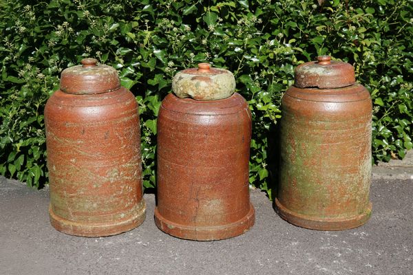 THREE RHUBARB FORCERS AND COVERS BY SHARP JONES & CO. BOURNE VALLEY POTTERY, PARKSTONE, DORSET