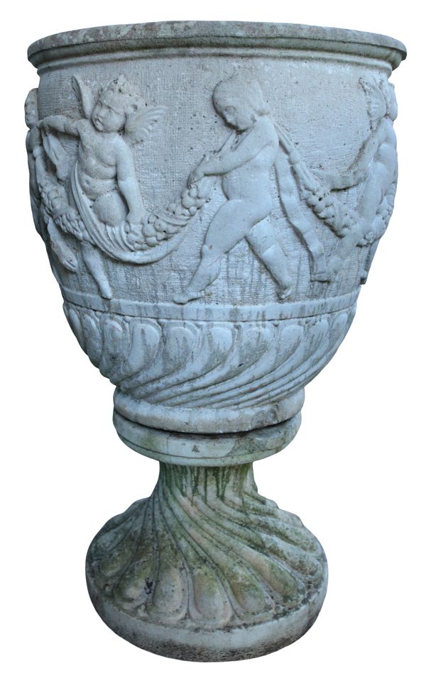 A LARGE PAIR OF RECONSTITUTED STONE PUTTI URNS