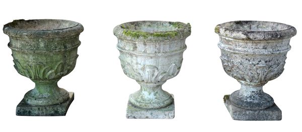 THREE SMALL RECONSTITUTED STONE URNS