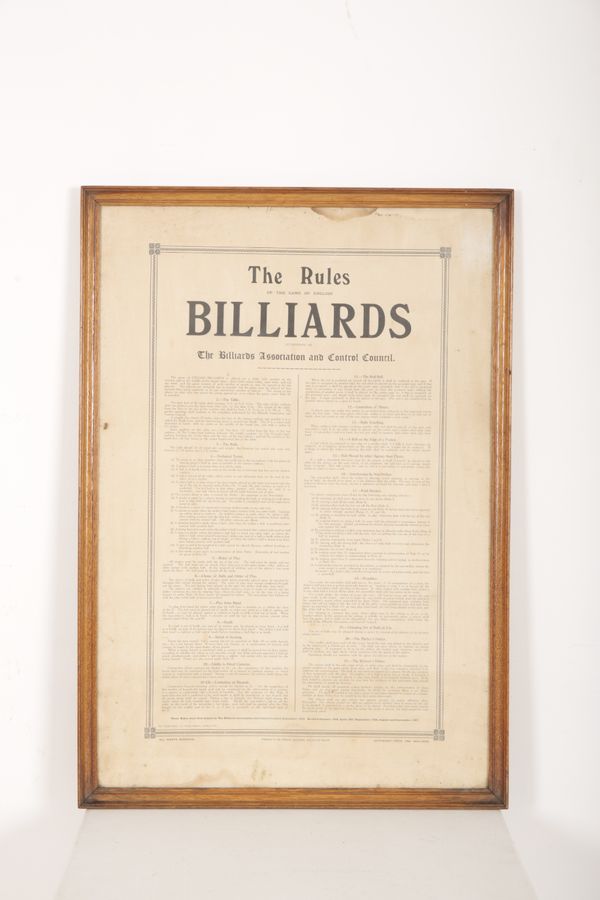 THREE FRAMED PRINTED POSTERS ON THE RULES OF BILLIARDS AND SNOOKER