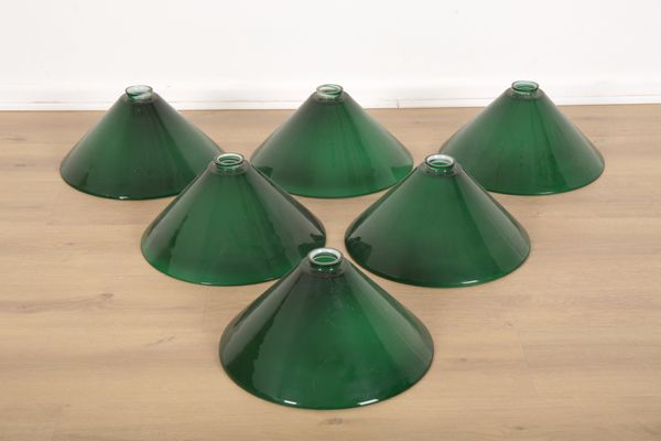 SIX GREEN GLASS LAMPSHADES FOR A BILLIARD OR SNOOKER LIGHT FITTING