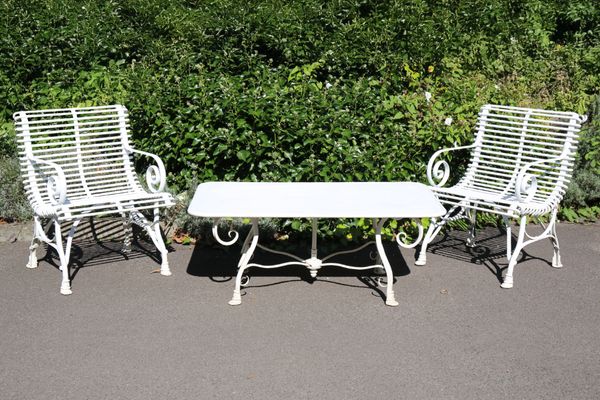 AN ARRAS STYLE WROUGHT IRON COFFEE TABLE AND TWO ARMCHAIRS