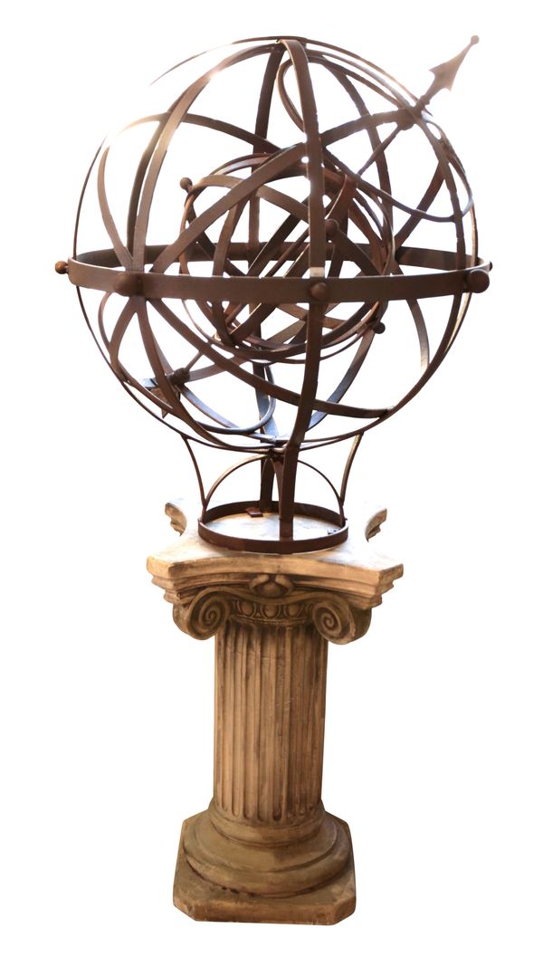 AN ARMILLARY SPHERE ON COMPOSITION IONIC STONE PEDESTAL