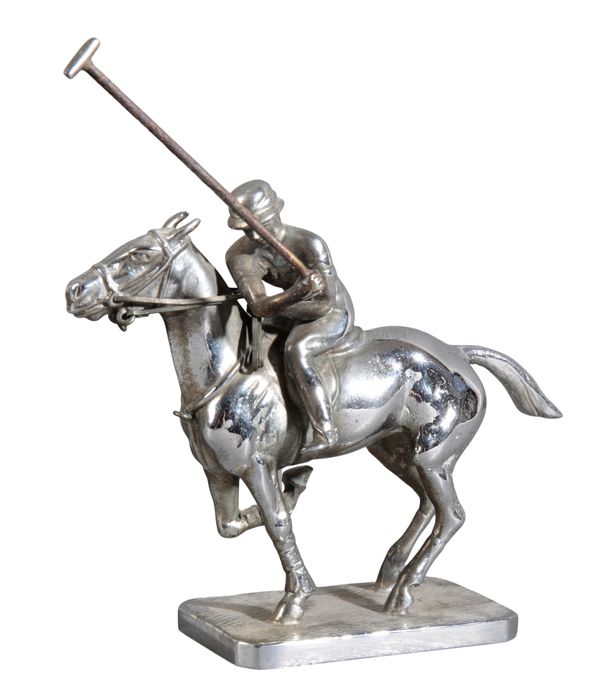 A SILVER-PLATED CAR MASCOT OF A POLO PLAYER