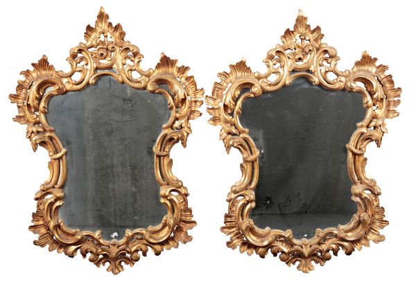 A PAIR OF ROCOCO STYLE CARVED GILTWOOD WAISTED CARTOUCHE SHAPED MIRRORS