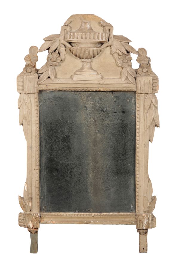 A GREEN-GREY PAINTED CARVED PIER MIRROR