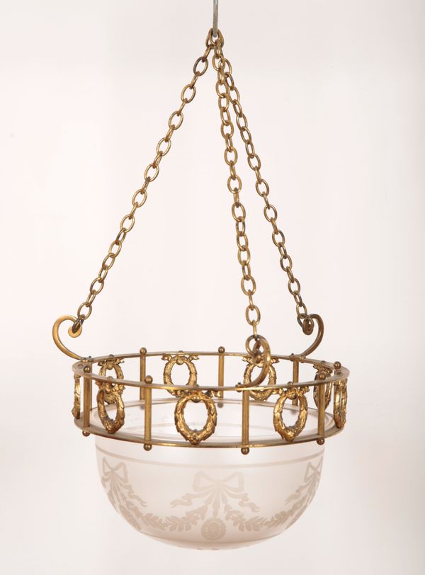 A GILT METAL AND ETCHED OPAQUE GLASS PLAFONNIER IN REGENCY STYLE