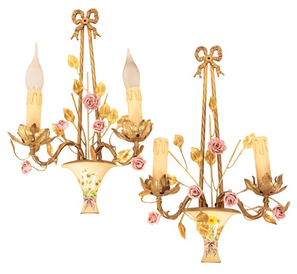 A PAIR OF TWO-ARM GILT-METAL SCONCES WITH PINK CERAMIC ROSES