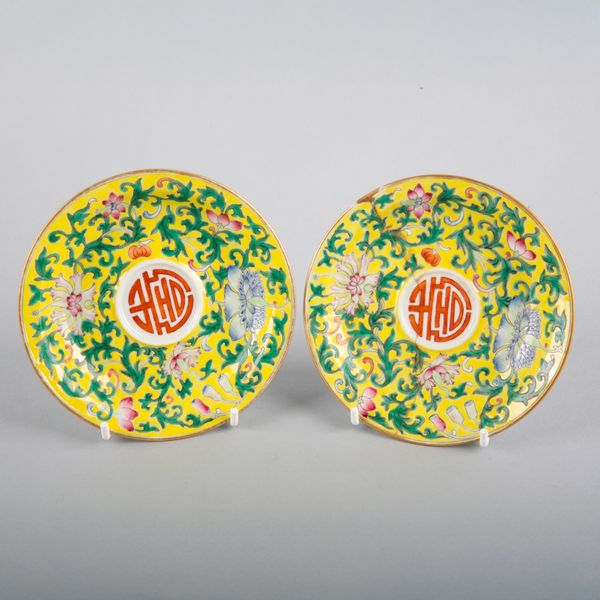 A PAIR OF CHINESE PORCELAIN FAMILLE ROSE SAUCERS
