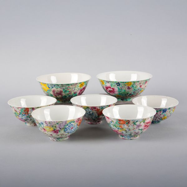 A GROUP OF SEVEN CHINESE PORCELAIN MILLEFLEUR BOWLS