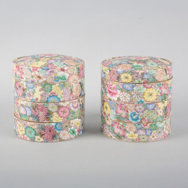 A PAIR OF CHINESE PORCLEAIN MILLEFLEUR STACKING BOXES