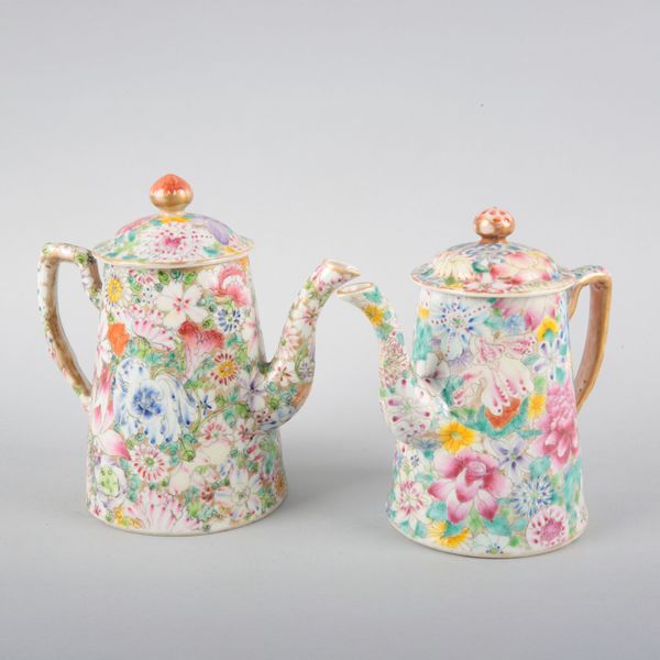 TWO SIMILAR CHINESE PORCELAIN MILLEFLEUR COFFEE POTS