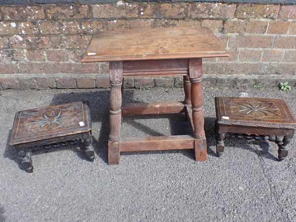 AN OAK JOINT STOOL, AND TWO VICTORIAN OAK FOOTSTOOLS