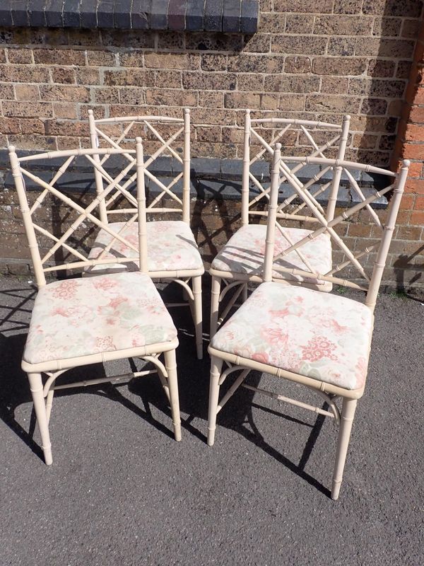 FOUR REGENCY STYLE FAUX BAMBOO DINING CHAIRS