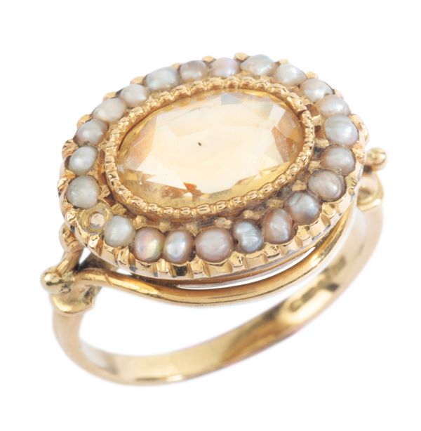A VINTAGE CITRINE AND PEARL CLUSTER RING